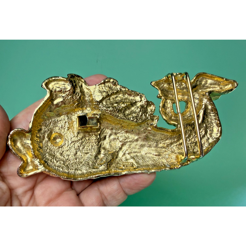 Signed Mimi Di N Koi Fish Belt Buckle 1987 Gold Statement Piece Sea Monster Vtg - Picture 2 of 4